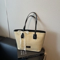 Bolso tote de paja tejida beige con asas negras y detalle de lazo de encaje blanco - Negro