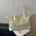Green and white houndstooth travel tote bag with leather handles and large capacity - Green