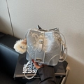 Silver snakeskin texture bucket bag with gold buckle and cute fuzzy ball charm - Silver (With Pendant)