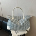Large capacity houndstooth travel bag with white leather handles and zip closure - Blue