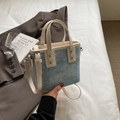 Light blue denim bucket bag with beige leather trim and silver studs for women - Off-white Without Pendant