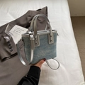 Light blue denim crossbody bucket bag with silver leather straps and sparkling details - Silver No Pendant