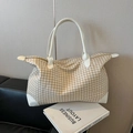 Large capacity travel tote bag in camel houndstooth fabric with white leather details - Khaki