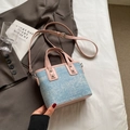 Blue denim and pink leather crossbody bucket bag with metallic studs and top handles - Pink Without Pendant