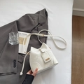 Minimalist white snakeskin bucket bag with gold hardware and drawstring on white bedding - Off-white Without Pendant