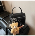 Black woven texture bowling handbag with cute plush bear pendant and top handle - With Charm / Black