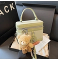 Light green woven leather bowling bag with cute plush bear charm and crossbody strap - With Charm / Green