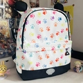 White backpack featuring colorful paw prints and decorative animal ears for students - Multicolor Paw Print Style (Without Charm)