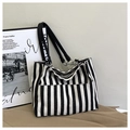 Bolso tote de lona con rayas verticales blancas y negras y asas de cuero negro de oficina - Negro