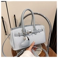 Light blue woven texture Kelly handbag with silver turn-lock and heart charm - Blue with Charm