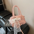 Pink lychee texture handbag with white lace bow and pearl decoration for women - Pink with Pendant