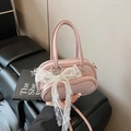 Pink lychee grain leather crossbody bag with lace bow and pearl decoration - Purple With Pendant
