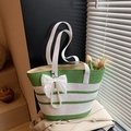 Green and white striped woven straw tote bag with white bow and pearl pendant charm - With Pendant / Green