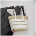 Bolso shopper grande de paja a rayas blancas y beige con correas de tela blanca - Sin colgante / Caqui
