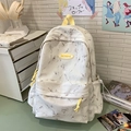 Mochila blanca con patrón de mármol, asas amarillas y tiradores para estudiantes - Sin colgante / Blanco Roto