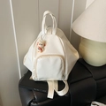Creamy white convertible tote backpack in glossy PU leather with cute rabbit pendant - White