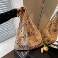 Beige hollow knit tote bag with colorful rainbow beadwork and large capacity - Khaki