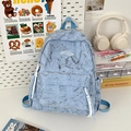 Light blue marble pattern backpack with Qijaoye logo and stylish woven cord zippers - Blue Small
