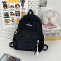 Minimalist black student backpack with stone-wash texture and white QIJIAOYE logo - Black Small