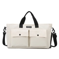 Cream canvas travel bag with black straps and fashion label in a front view - Off White