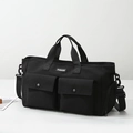 Black large capacity travel bag with double front flap pockets and fashion label - Versatile Black