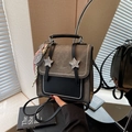 Sac à dos rétro en tissu gris et cuir noir avec boucles étoiles argentées - Avec Pendentif / Brun Foncé