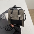 Mini sac à dos urbain en denim gris et cuir noir avec boucles en étoile argentées - Sans Pendentif / Brun Foncé