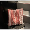 Red and white checkered canvas tote bag with elegant white floral lace trim detailing - Red