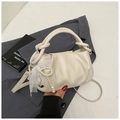 Chic beige pleated bucket bag with pearl lace charm and knotted handle design - White with Pendant