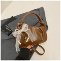 Brown ruched bucket bag with lace bow and pearl charm for crossbody use - Brown with Pendant
