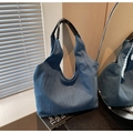 Minimalist large capacity blue denim tote bag with black leather straps and hobo style - Denim Blue