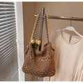 Detail of hand-woven straw tote bag with colorful geometric embroidered shoulder strap - Multicolor Ribbon Khaki