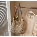 Beige woven crochet shoulder bag with floral cutout pattern and rainbow strap - Multicolor Ribbon Beige