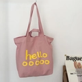 Roze canvas tote tas met gele hello tekst, schouderriem en korte handvatten - Roze