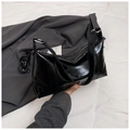 Chic black crescent shoulder bag in glossy oil-wax leather with silver metal rings - No Pendant / Black