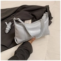 Light blue pleated faux leather baguette bag with metallic finish and two straps - No Pendant / Blue