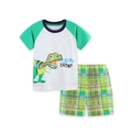 Boys summer two-piece cotton short set with green dinosaur print and plaid shorts - 2Y(90cm) / Green Dinosaur (2304)