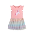 Abito rosa da bambina con unicorno, gonna in tulle arcobaleno e dettagli con volant sulle spalle - Sfumatura Arcobaleno Unicorno (1698) / 6 anni (120cm)