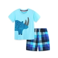 Boys summer cotton set with light blue rhino print t-shirt and navy checkered shorts - 2Y / Light Blue Rhino Print Top with Plaid Shorts