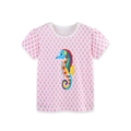 Girls' short-sleeved cotton T-shirt with pink coral print and colorful seahorse cartoon - White Floral (Seahorse Pattern) / 2Y(90cm)