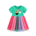 Short sleeve girls rainbow dress with green cotton top and colorful tulle skirt - 2Y(90cm) / Bright Green Rainbow (1692)