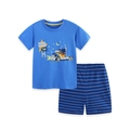Boys summer cotton set with bright blue truck cartoon t-shirt and striped shorts - 2Y(90cm) / Sapphire Blue
