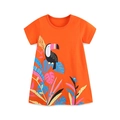 Girl's bright orange cotton dress featuring a tropical toucan and leaf cartoon print - 2Y(90cm) / Orange