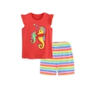 Girls summer red sleeveless top with seahorse applique and rainbow striped shorts set - 2Y(90cm) / Red Seahorse Print Style (2308)