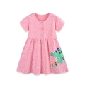Pink short sleeve girl's dress with white polka dots and green dinosaur embroidery - 6Y (120cm) / Dinosaur Embroidery Dress (1707) / Pink Polka Dot