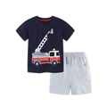 Kids summer cotton set with dark blue fire truck t-shirt and grey drawstring shorts - 2Y(90cm) / Fire Truck Navy and Gray