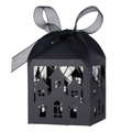 Laser cut Halloween candy box with spider web haunted house design and black ribbon bow - Black