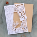 Detailed laser cut white floral butterfly wedding invitation card with kraft envelope - White