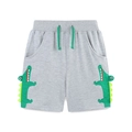 Light gray cotton shorts for boys featuring green cartoon crocodile and drawstring waist - Gray Crocodile Patch / 6Y (120cm)