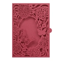 Close-up of laser-cut burgundy invitation card with intricate butterfly and rose pattern - Dark Red